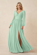 Long Sleeve V-Neck A-Line Chiffon Bridesmaid Dress in Pale Pistachio | KISSBRIDAL