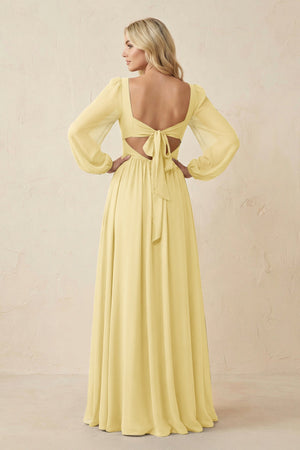 Long Sleeve V - Neck A - Line Chiffon Bridesmaid Dress in Pastel Yellow - SHE IS ME Bridesmaid Dresses