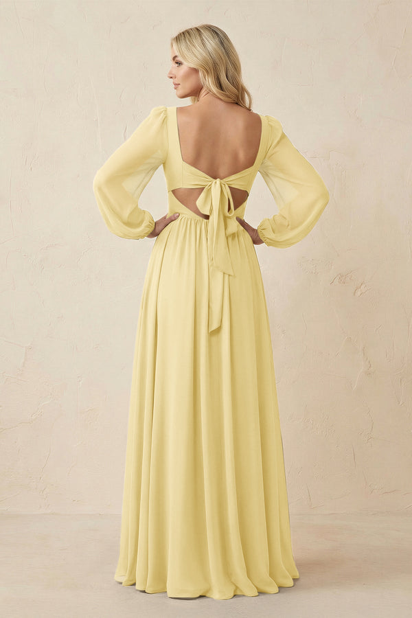 Long Sleeve V - Neck A - Line Chiffon Bridesmaid Dress in Pastel Yellow - SHE IS ME Bridesmaid Dresses