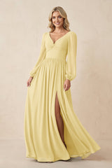 Long Sleeve V - Neck A - Line Chiffon Bridesmaid Dress in Pastel Yellow - KISS BRIDAL Bridesmaid Dresses