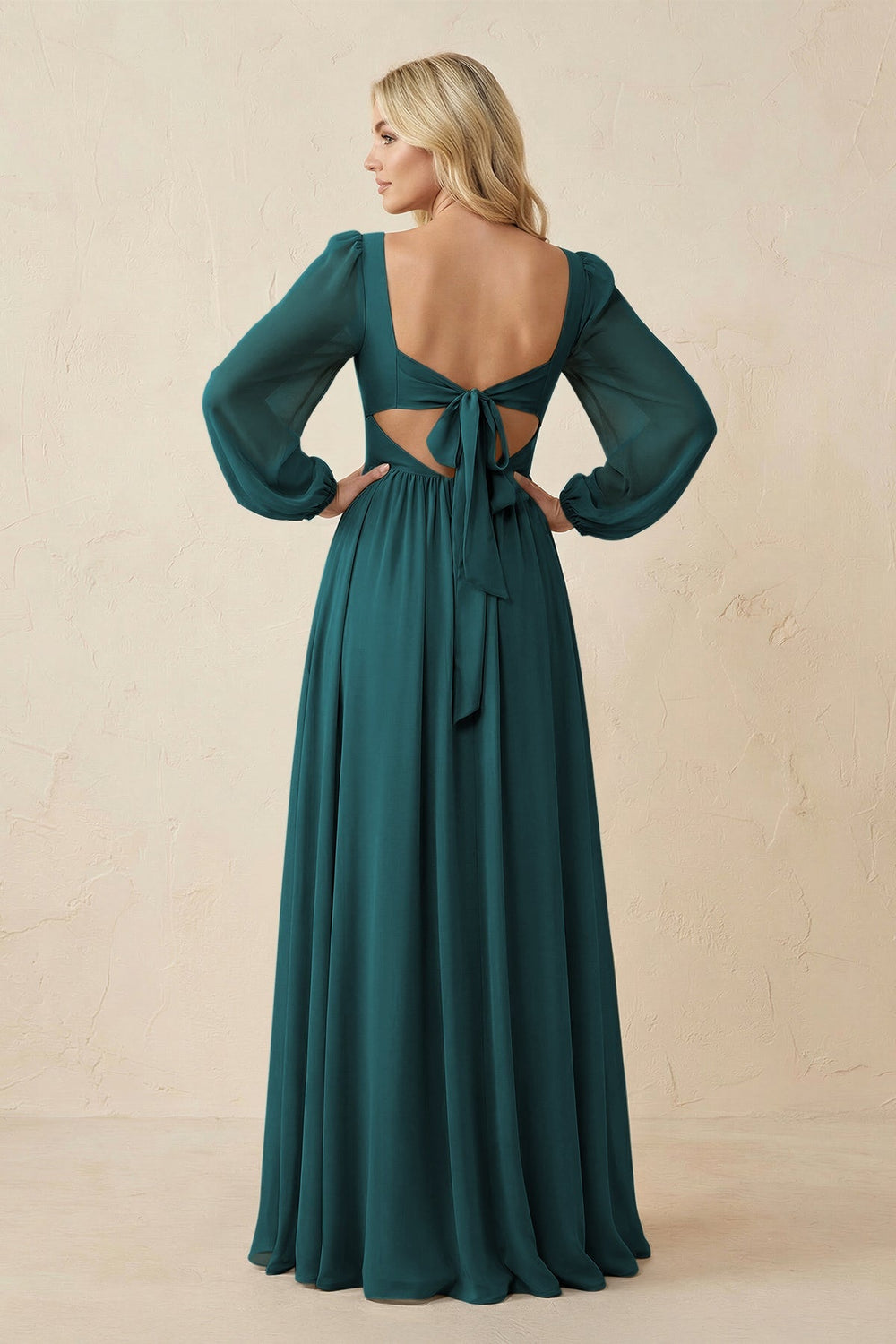 Long Sleeve V - Neck A - Line Chiffon Bridesmaid Dress in Pine - KISS BRIDAL Bridesmaid Dresses