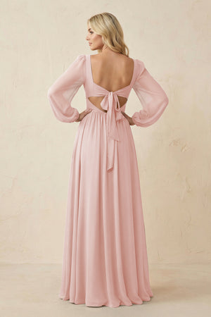 Long Sleeve V-Neck A-Line Chiffon Bridesmaid Dress in Rose Petal (2) | KISSBRIDAL