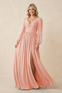 Long Sleeve V - Neck A - Line Chiffon Bridesmaid Dress in Rose Petal - SHE IS ME Bridesmaid Dresses