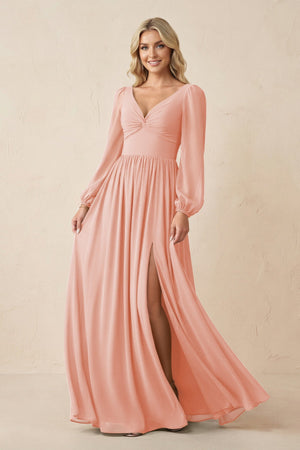 Long Sleeve V - Neck A - Line Chiffon Bridesmaid Dress in Rose Petal - SHE IS ME Bridesmaid Dresses
