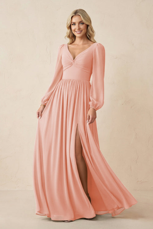 Long Sleeve V - Neck A - Line Chiffon Bridesmaid Dress in Rose Petal - SHE IS ME Bridesmaid Dresses