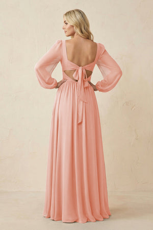 Long Sleeve V - Neck A - Line Chiffon Bridesmaid Dress in Rose Petal - SHE IS ME Bridesmaid Dresses