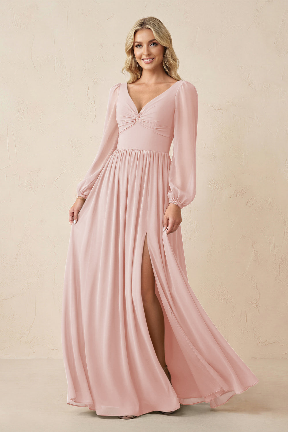 Long Sleeve V-Neck A-Line Chiffon Bridesmaid Dress in Rose Petal