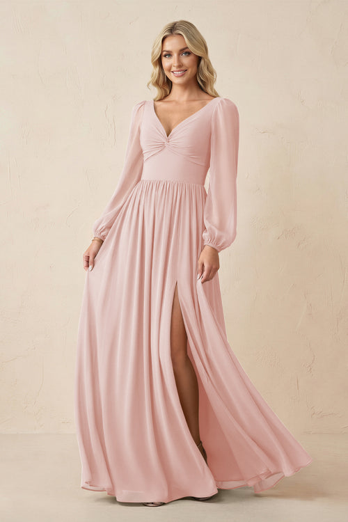 Long Sleeve V-Neck A-Line Chiffon Bridesmaid Dress in Rose Petal | KISSBRIDAL