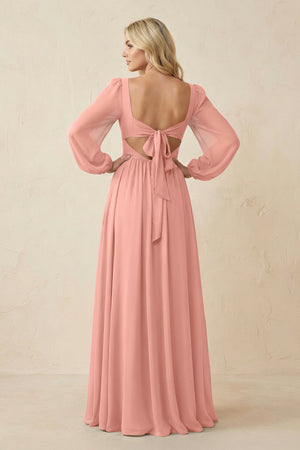 Long Sleeve V-Neck A-Line Chiffon Bridesmaid Dress in Rosette (2) | KISSBRIDAL