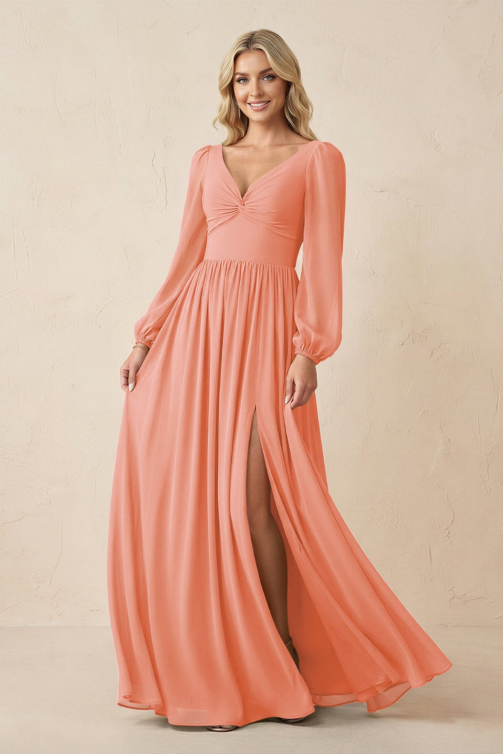 Long Sleeve V - Neck A - Line Chiffon Bridesmaid Dress in Rosette - KISS BRIDAL Bridesmaid Dresses