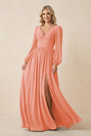 Long Sleeve V - Neck A - Line Chiffon Bridesmaid Dress in Rosette - SHE IS ME Bridesmaid Dresses