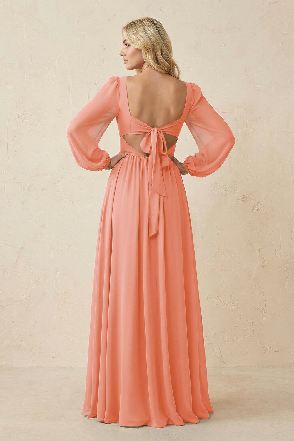 Long Sleeve V - Neck A - Line Chiffon Bridesmaid Dress in Rosette - KISS BRIDAL Bridesmaid Dresses