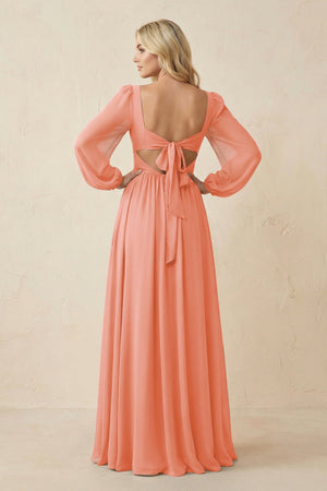 Long Sleeve V - Neck A - Line Chiffon Bridesmaid Dress in Rosette - SHE IS ME Bridesmaid Dresses