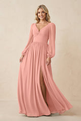 Long Sleeve V-Neck A-Line Chiffon Bridesmaid Dress in Rosette | KISSBRIDAL