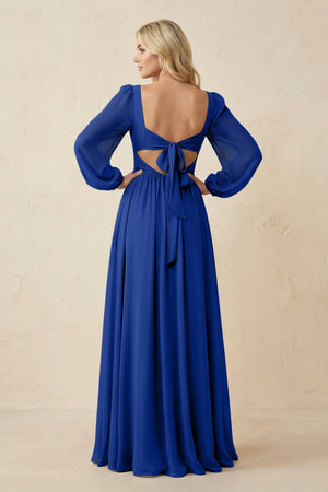 Long Sleeve V - Neck A - Line Chiffon Bridesmaid Dress in Royal Blue - SHE IS ME Bridesmaid Dresses