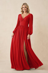 Long Sleeve V - Neck A - Line Chiffon Bridesmaid Dress in Ruby Red - KISS BRIDAL Bridesmaid Dresses