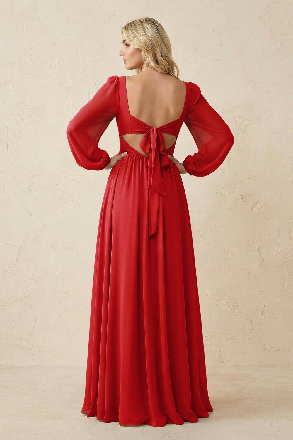 Long Sleeve V - Neck A - Line Chiffon Bridesmaid Dress in Ruby Red - KISS BRIDAL Bridesmaid Dresses