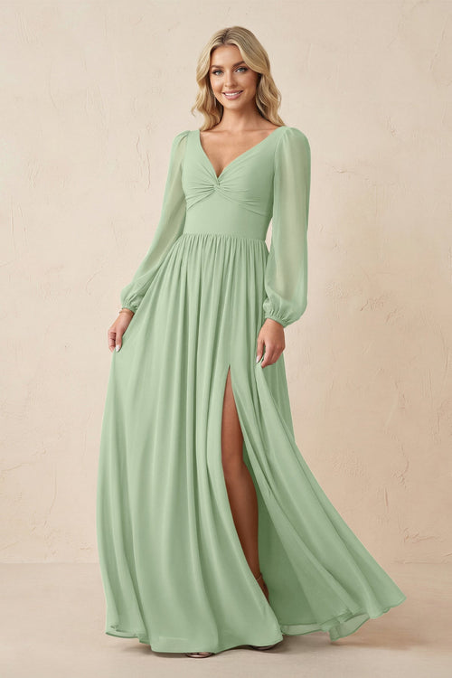 Long Sleeve V - Neck A - Line Chiffon Bridesmaid Dress in Sage - SHE IS ME Bridesmaid Dresses