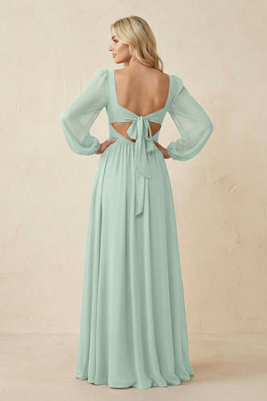 Long Sleeve V-Neck A-Line Chiffon Bridesmaid Dress in Sage (2) | KISSBRIDAL