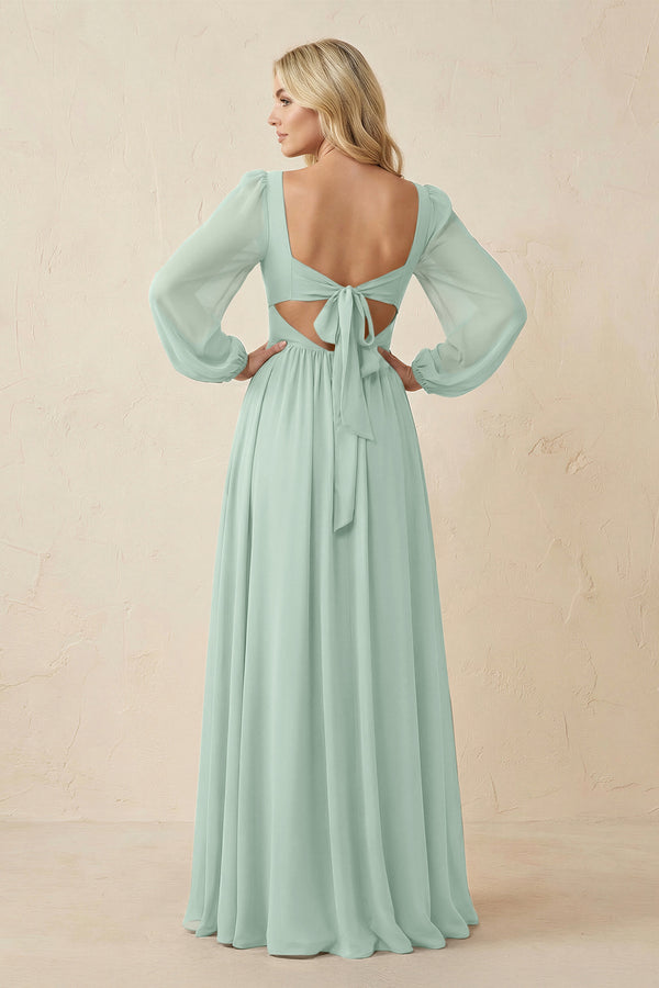 Long Sleeve V-Neck A-Line Chiffon Bridesmaid Dress in Sage (2) | KISSBRIDAL