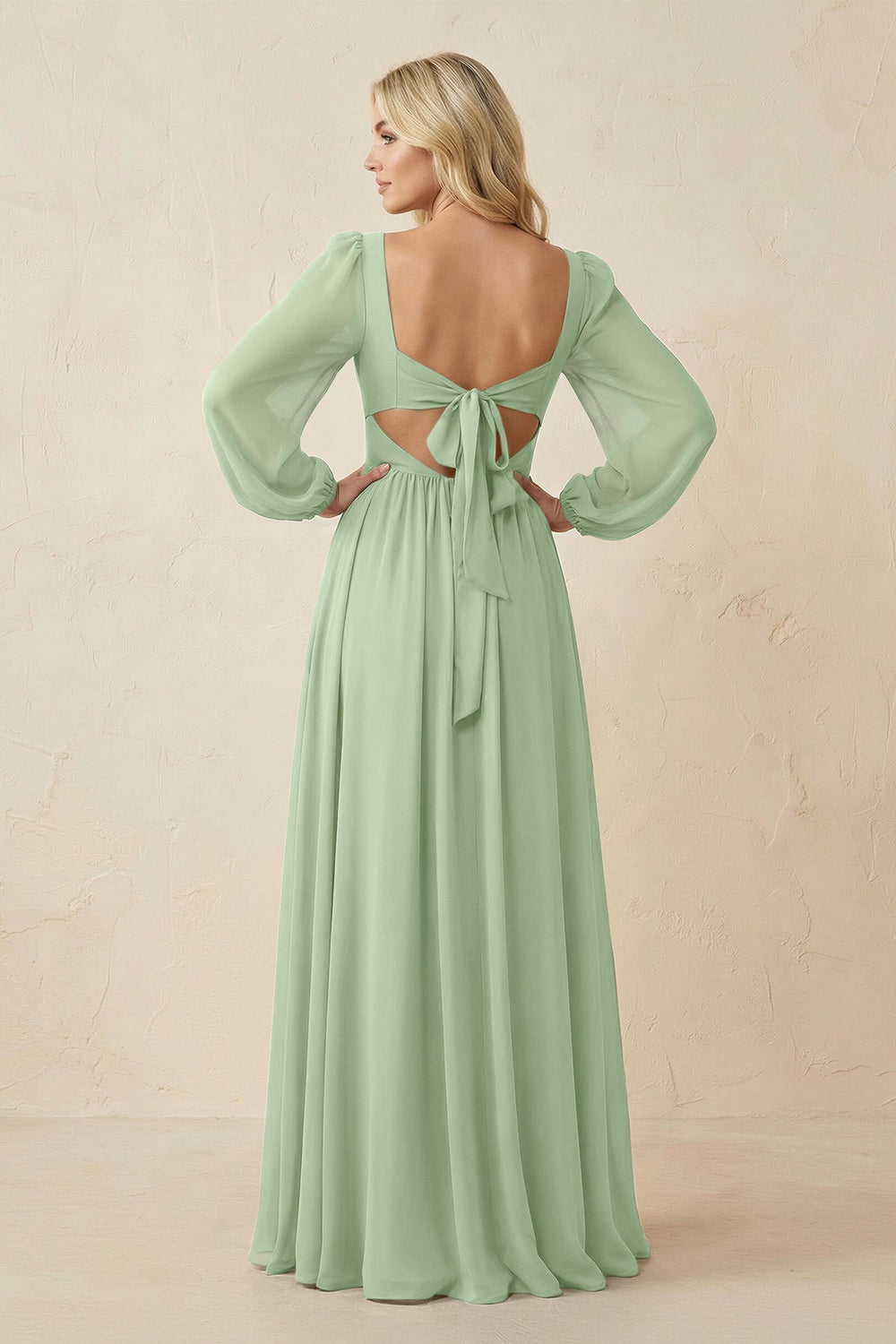 Long Sleeve V - Neck A - Line Chiffon Bridesmaid Dress in Sage - KISS BRIDAL Bridesmaid Dresses