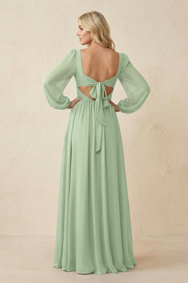 Long Sleeve V - Neck A - Line Chiffon Bridesmaid Dress in Sage - SHE IS ME Bridesmaid Dresses
