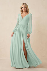 Long Sleeve V-Neck A-Line Chiffon Bridesmaid Dress in Sage | KISSBRIDAL