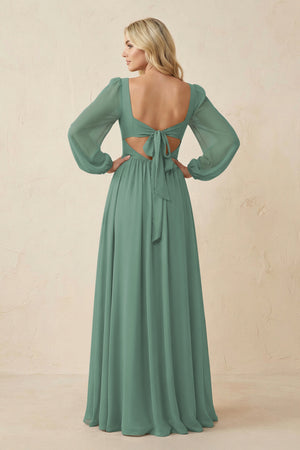 Long Sleeve V-Neck A-Line Chiffon Bridesmaid Dress in Sea Glass (2) | KISSBRIDAL