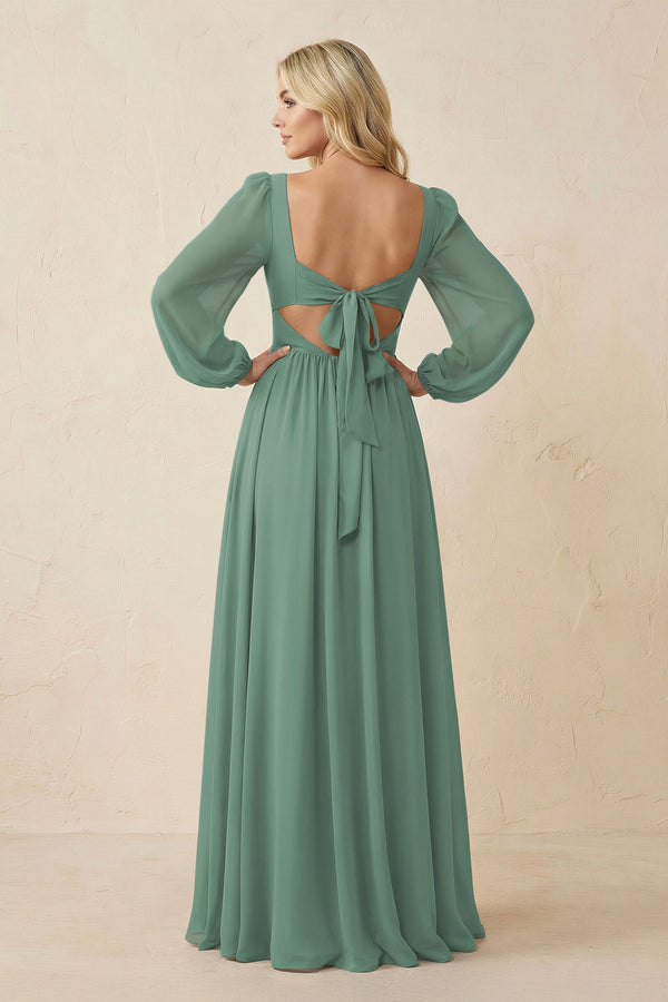 Long Sleeve V-Neck A-Line Chiffon Bridesmaid Dress in Sea Glass (2) | KISSBRIDAL