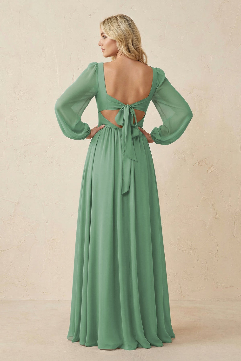 Long Sleeve V - Neck A - Line Chiffon Bridesmaid Dress in Sea Glass - KISS BRIDAL Bridesmaid Dresses
