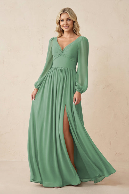Long Sleeve V - Neck A - Line Chiffon Bridesmaid Dress in Sea Glass - SHE IS ME Bridesmaid Dresses