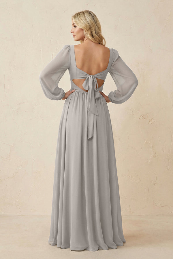 Long Sleeve V - Neck A - Line Chiffon Bridesmaid Dress in Silver - SHE IS ME Bridesmaid Dresses