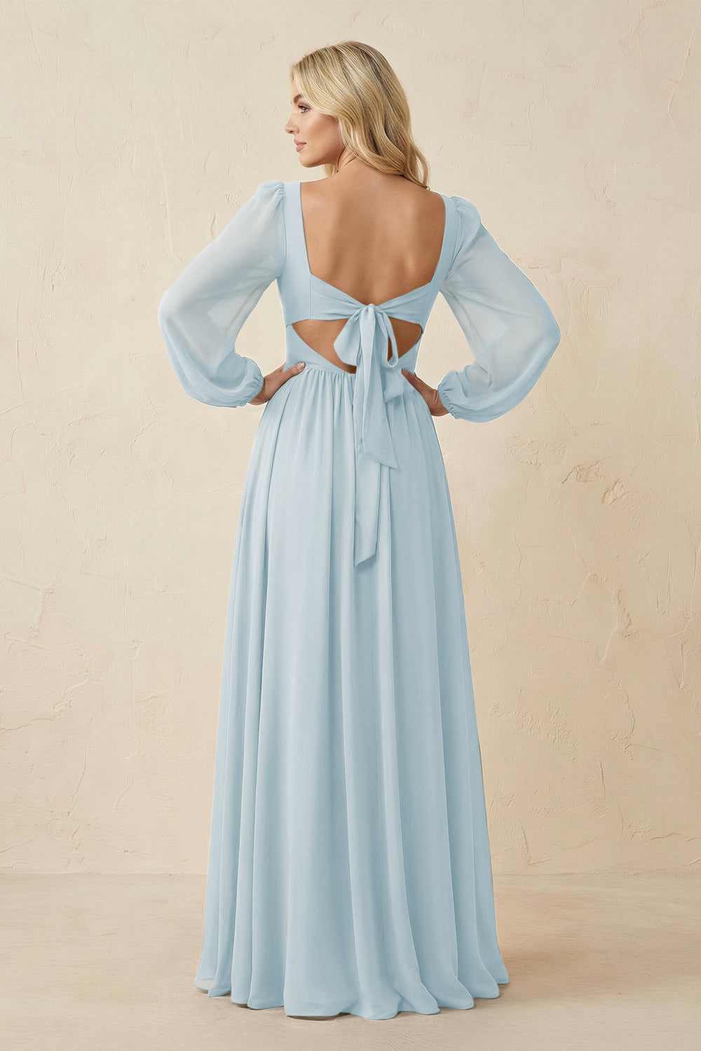 Long Sleeve V-Neck A-Line Chiffon Bridesmaid Dress in Sky Blue