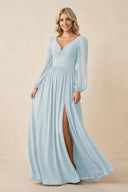 Long Sleeve V-Neck A-Line Chiffon Bridesmaid Dress in Sky Blue | KISSBRIDAL