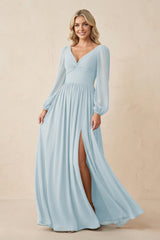 Long Sleeve V-Neck A-Line Chiffon Bridesmaid Dress in Sky Blue | KISSBRIDAL