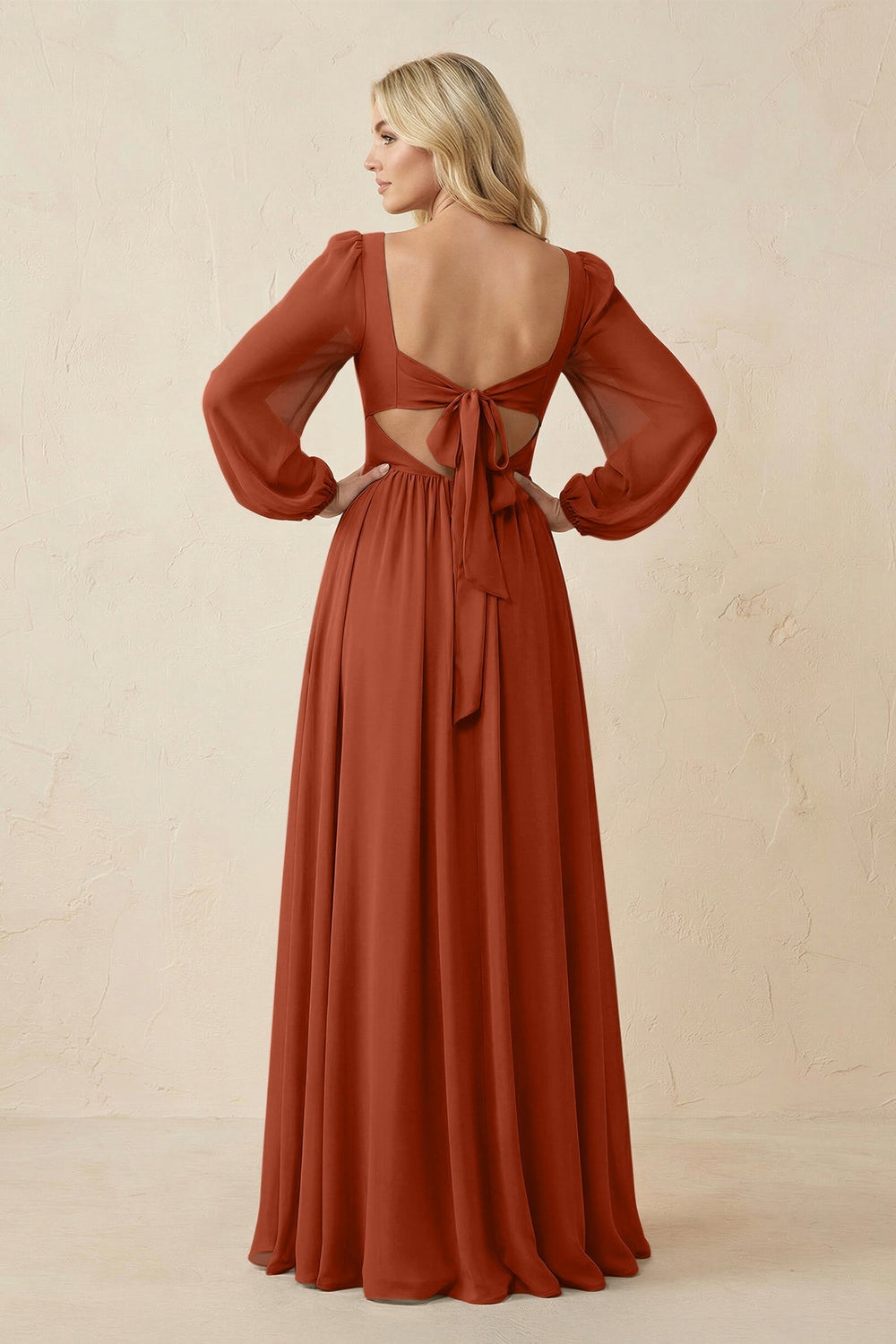 Long Sleeve V - Neck A - Line Chiffon Bridesmaid Dress in Spice - KISS BRIDAL Bridesmaid Dresses