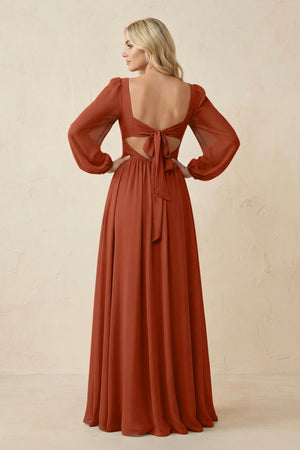 Long Sleeve V - Neck A - Line Chiffon Bridesmaid Dress in Spice - SHE IS ME Bridesmaid Dresses