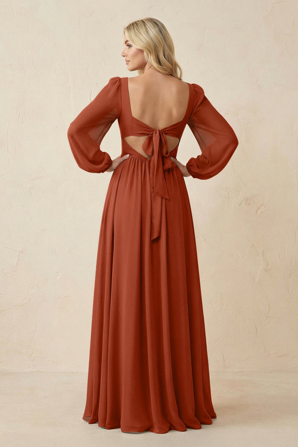 Long Sleeve V - Neck A - Line Chiffon Bridesmaid Dress in Spice - SHE IS ME Bridesmaid Dresses