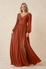 Long Sleeve V - Neck A - Line Chiffon Bridesmaid Dress in Spice - KISS BRIDAL Bridesmaid Dresses