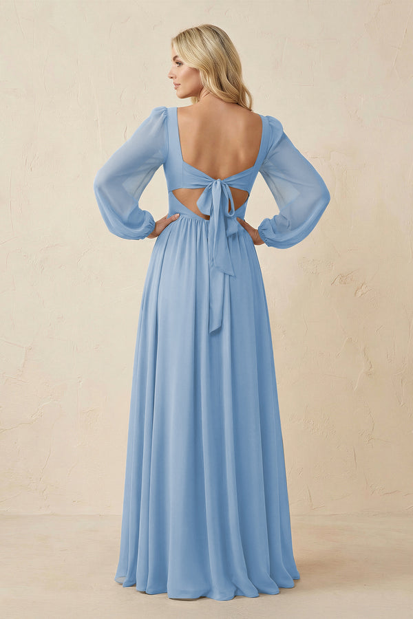Long Sleeve V-Neck A-Line Chiffon Bridesmaid Dress in Steel Blue (2) | KISSBRIDAL