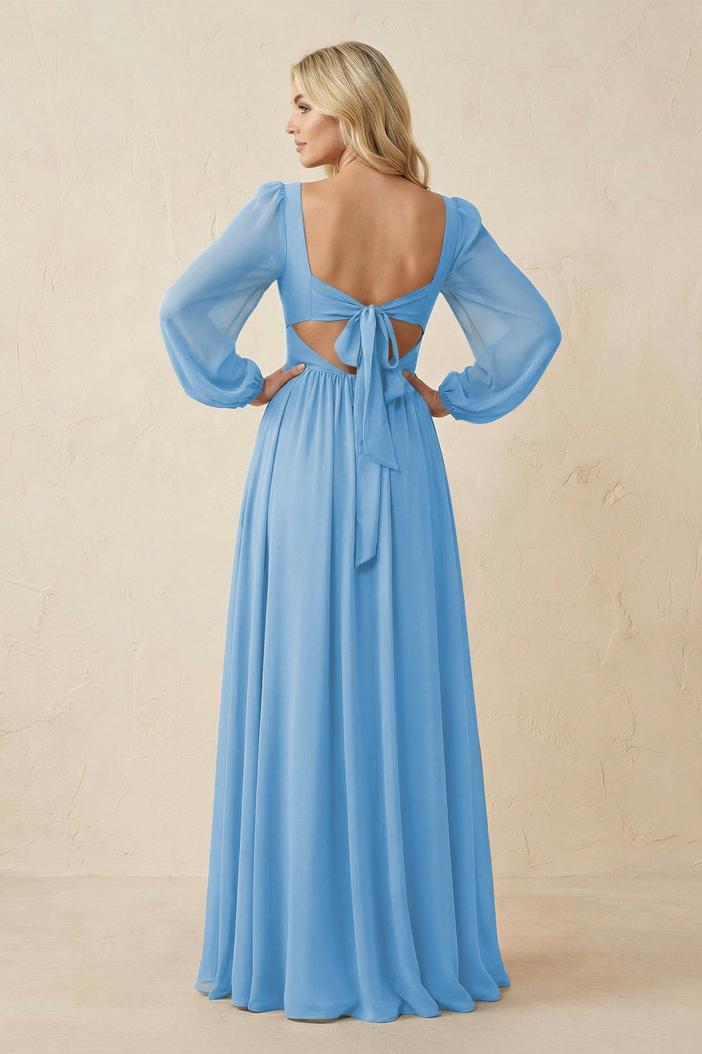 Long Sleeve V - Neck A - Line Chiffon Bridesmaid Dress in Steel Blue - KISS BRIDAL Bridesmaid Dresses
