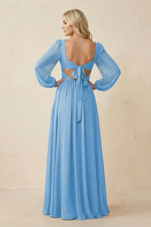 Long Sleeve V - Neck A - Line Chiffon Bridesmaid Dress in Steel Blue - SHE IS ME Bridesmaid Dresses