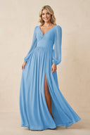 Long Sleeve V - Neck A - Line Chiffon Bridesmaid Dress in Steel Blue - SHE IS ME Bridesmaid Dresses