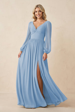 Long Sleeve V-Neck A-Line Chiffon Bridesmaid Dress in Steel Blue | KISSBRIDAL