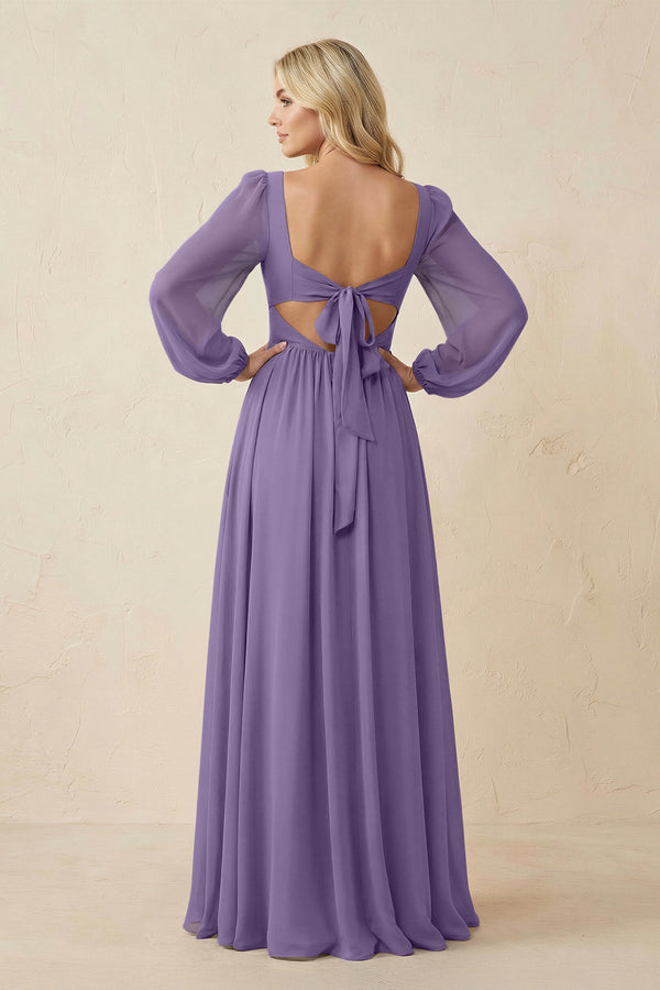 Long Sleeve V-Neck A-Line Chiffon Bridesmaid Dress in Tahiti (2) | KISSBRIDAL