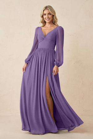 Long Sleeve V - Neck A - Line Chiffon Bridesmaid Dress in Tahiti - SHE IS ME Bridesmaid Dresses