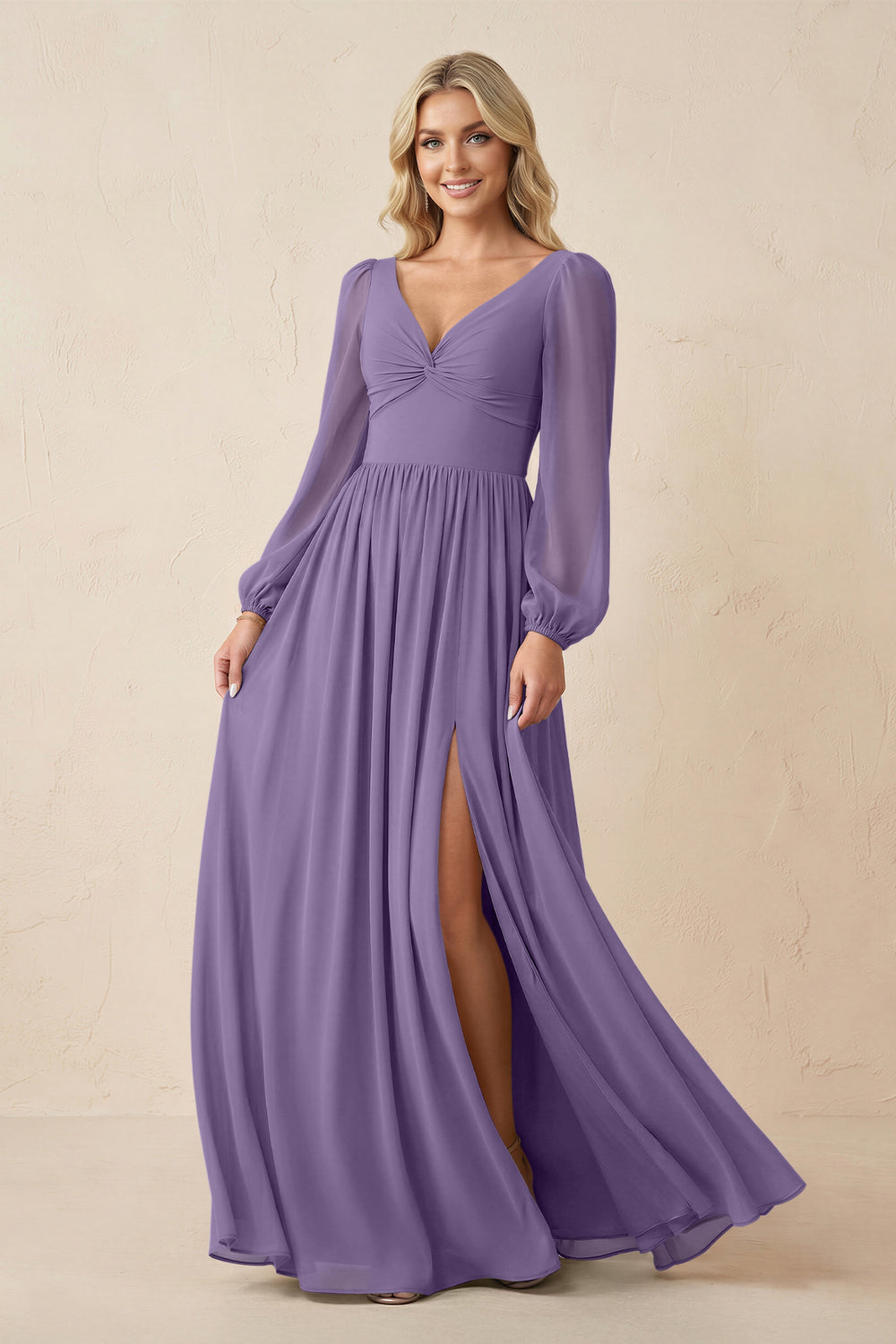 Long Sleeve V-Neck A-Line Chiffon Bridesmaid Dress in Tahiti