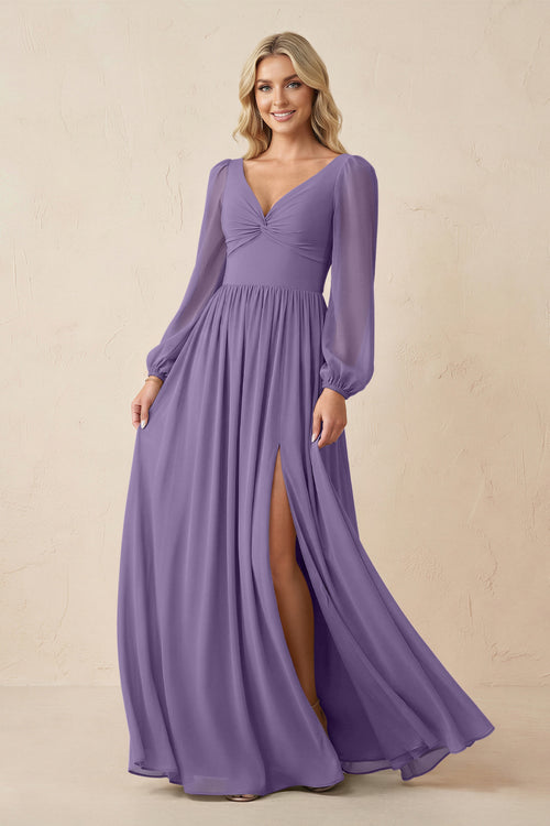 Long Sleeve V-Neck A-Line Chiffon Bridesmaid Dress in Tahiti | KISSBRIDAL