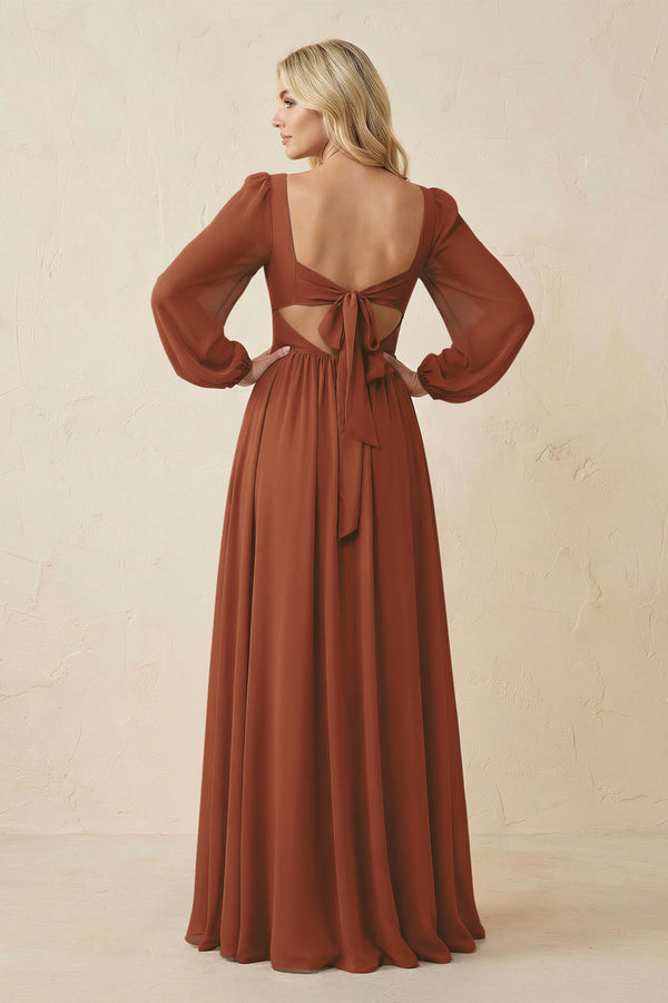 Long Sleeve V-Neck A-Line Chiffon Bridesmaid Dress in Terracotta (2) | KISSBRIDAL