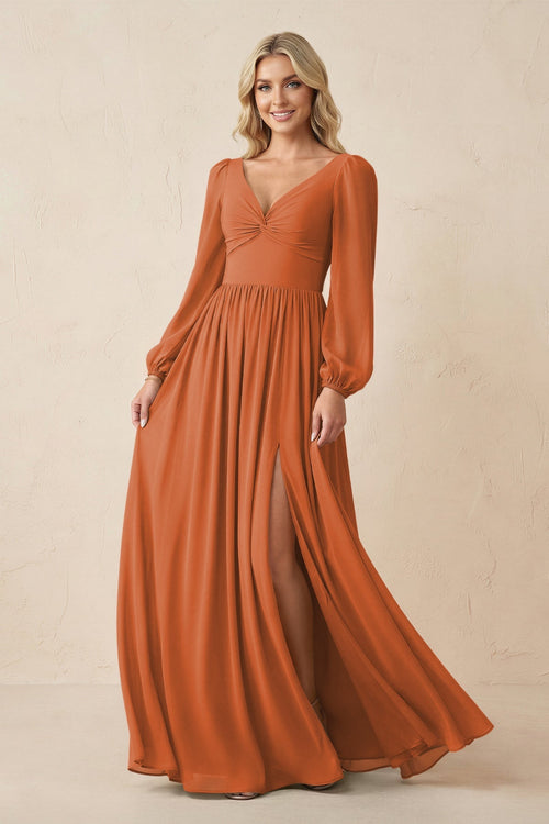Long Sleeve V - Neck A - Line Chiffon Bridesmaid Dress in Terracotta - SHE IS ME Bridesmaid Dresses